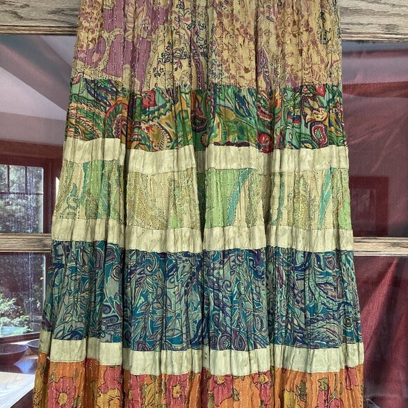 Crinkle Skirt, Long Multi-Color dominant shades Orange & Green. Anu size M, Line - Picture 4 of 6
